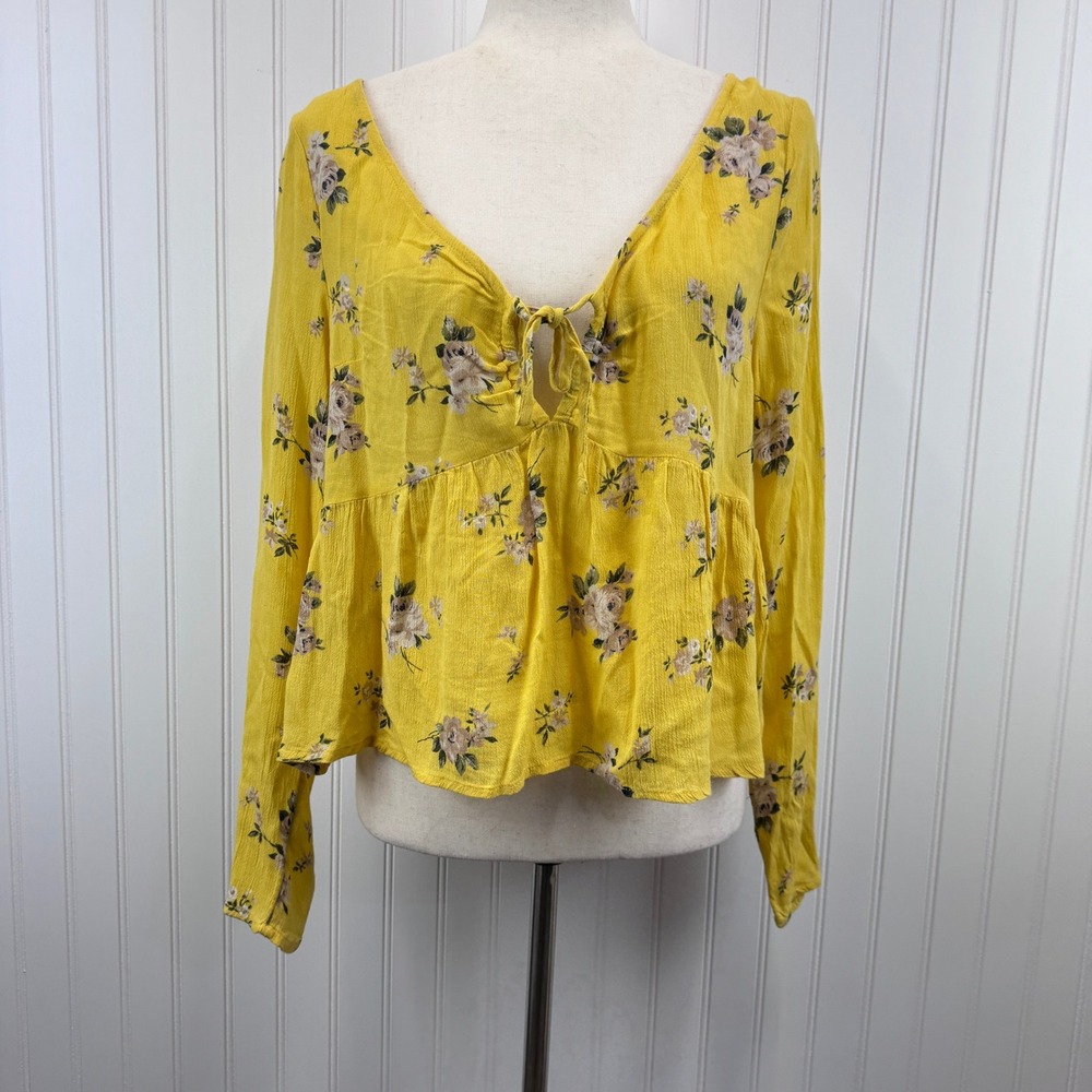 Hollister Floral Babydoll Blouse Womens Medium Yellow Boho Cottagecore Peplum